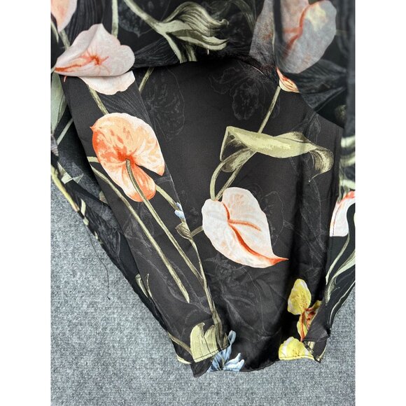 NEW White House Black Market Black Floral Blouse MED Sheer Lined Balloon Sleeve - Picture 11 of 13